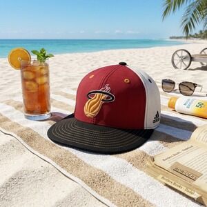 VTG Adidas Miami Heat NBA Fitted Hat 7 1/8 Red White Yellow Black Flat Brim Cap